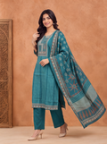 Teal Green Modal Printed & Embroidery Work Straight Suit