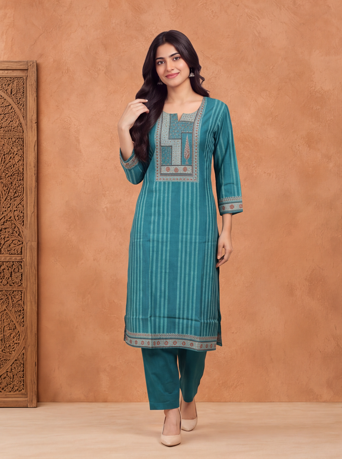 Teal Green Modal Printed & Embroidery Work Straight Suit