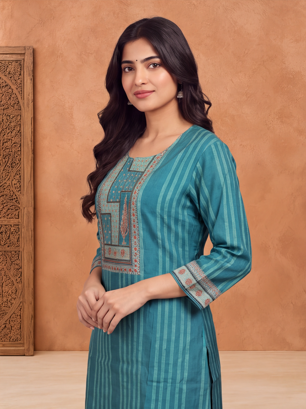 Teal Green Modal Printed & Embroidery Work Straight Suit