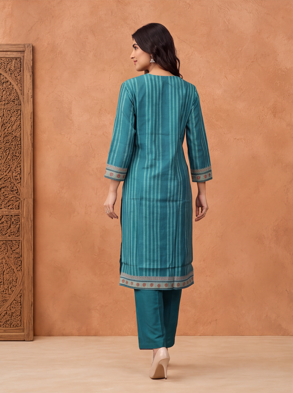 Teal Green Modal Printed & Embroidery Work Straight Suit