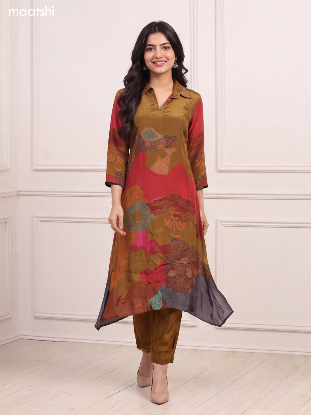 Mehendi Green and Red Crepe Silk Printed & Embroidery Work Kurti Set