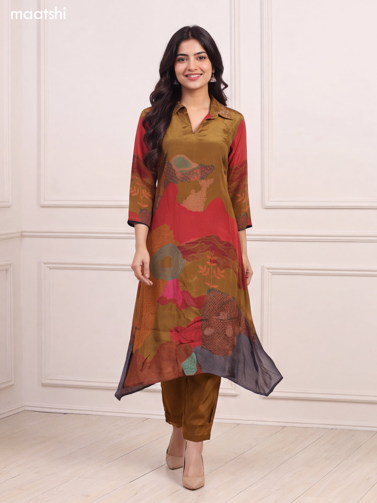 Mehendi Green and Red Crepe Silk Printed & Embroidery Work Kurti Set