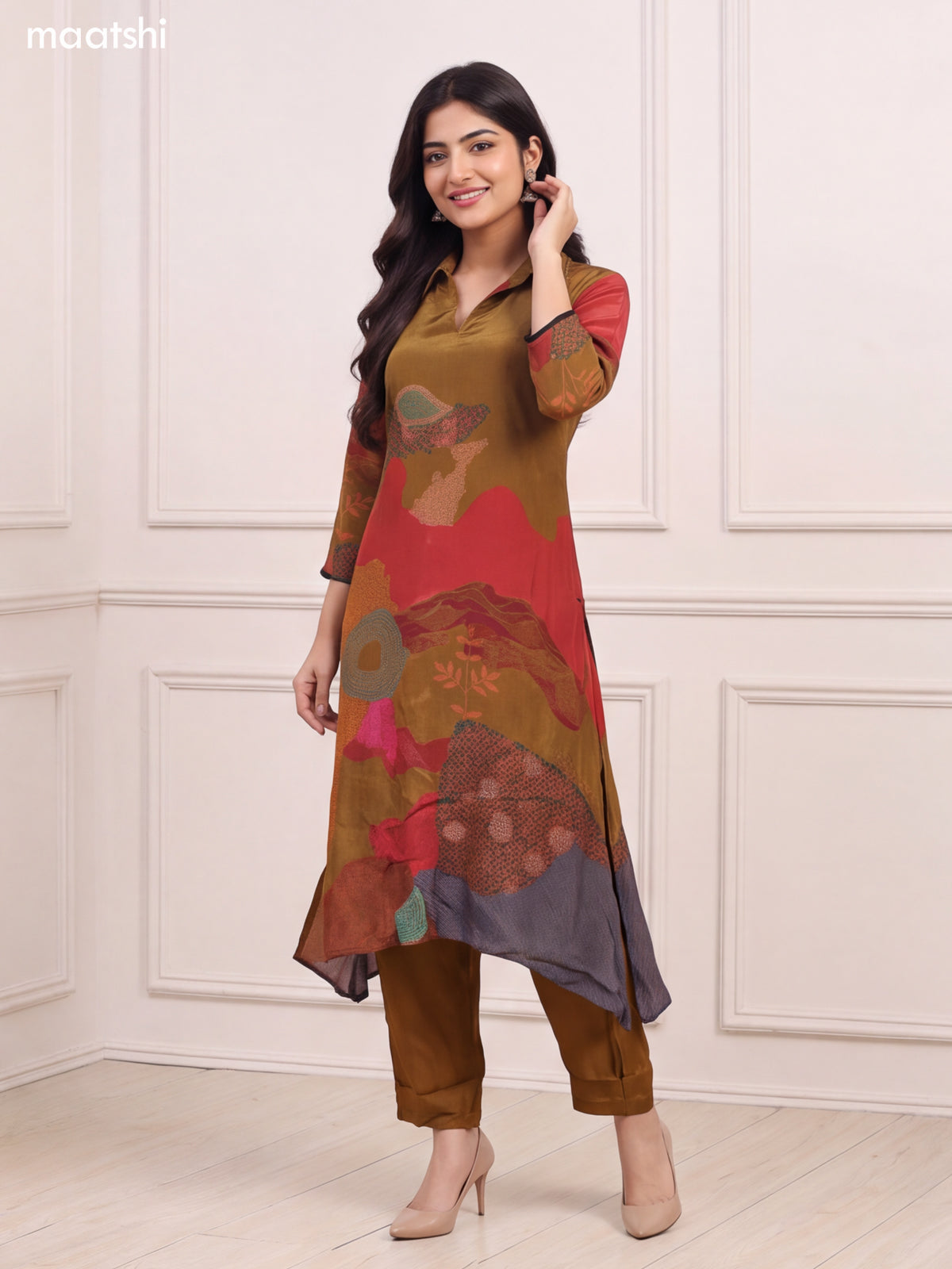 Mehendi Green and Red Crepe Silk Printed & Embroidery Work Kurti Set