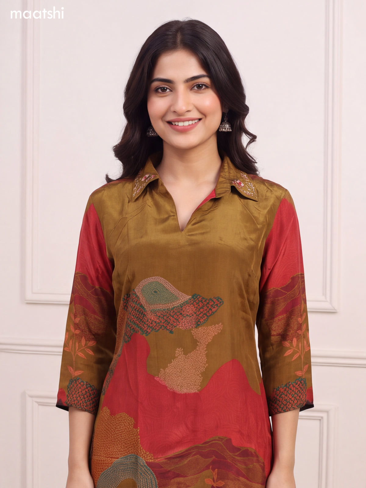 Mehendi Green and Red Crepe Silk Printed & Embroidery Work Kurti Set