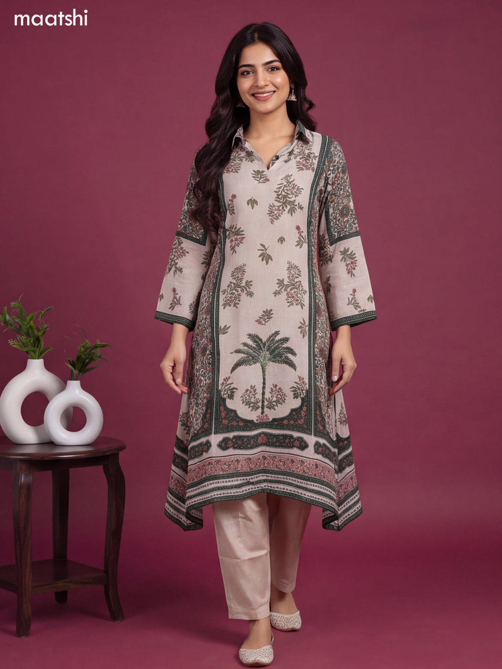 Beige and Green Crepe Silk Floral Printed & Embroidery Work Kurti Set