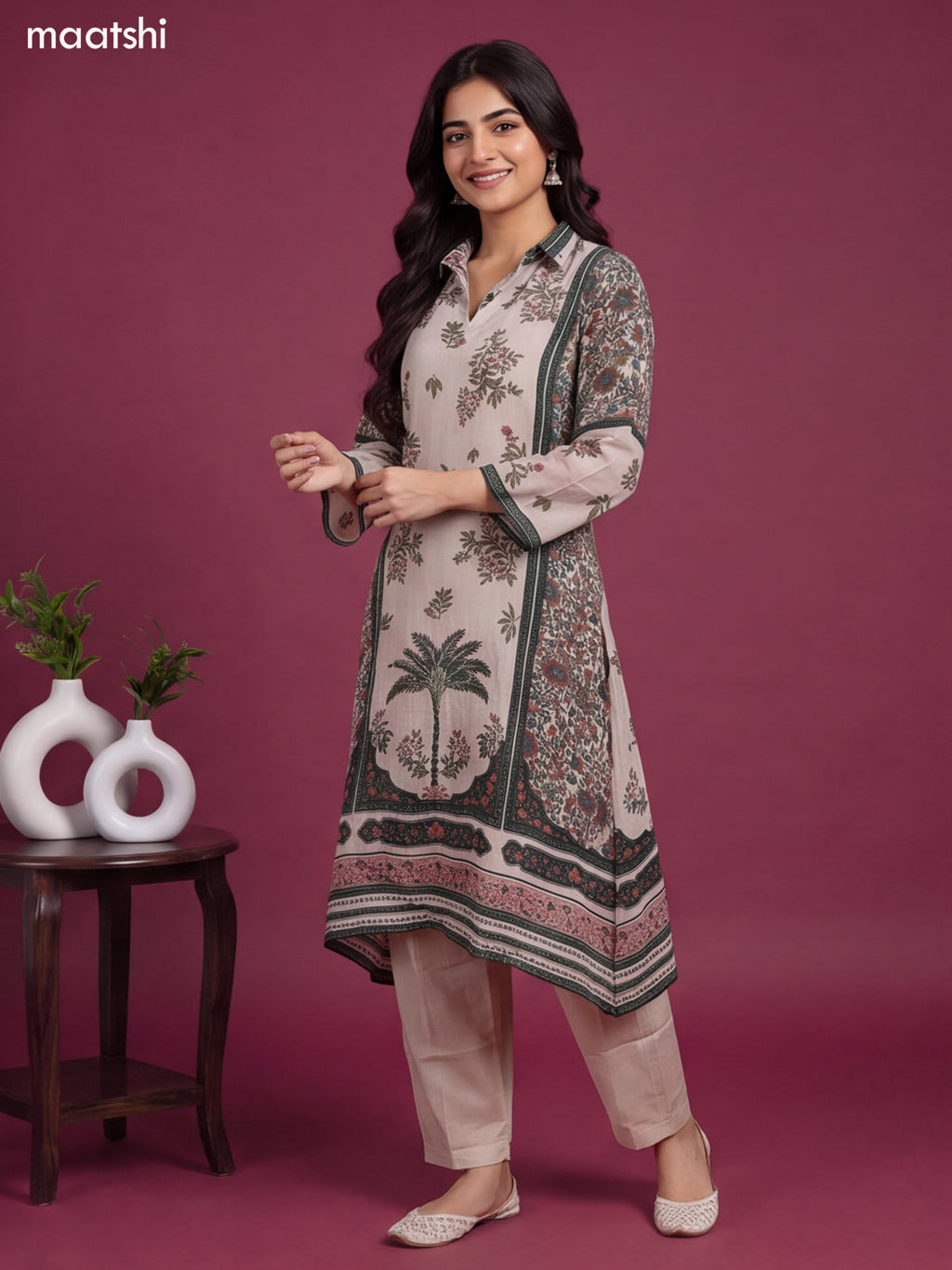Beige and Green Crepe Silk Floral Printed & Embroidery Work Kurti Set