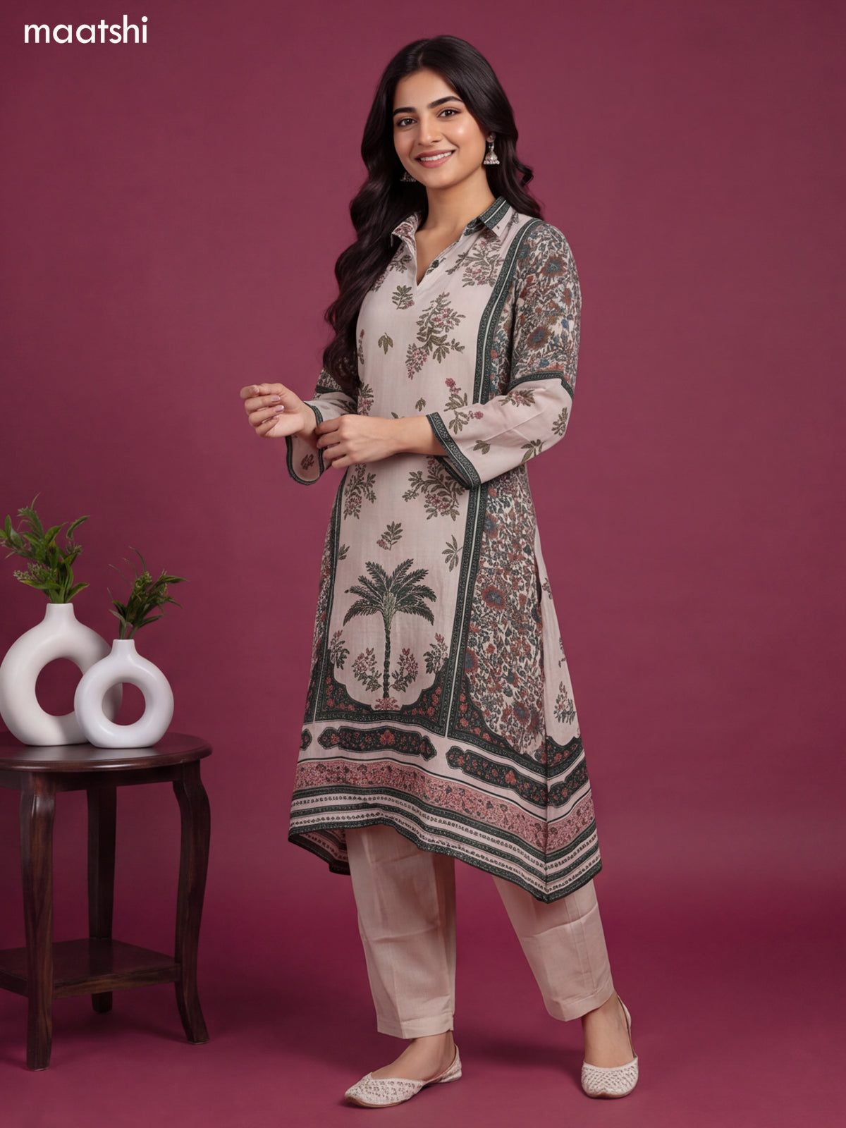 Beige and Green Crepe Silk Floral Printed & Embroidery Work Kurti Set