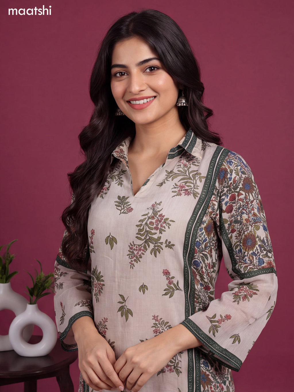 Beige and Green Crepe Silk Floral Printed & Embroidery Work Kurti Set