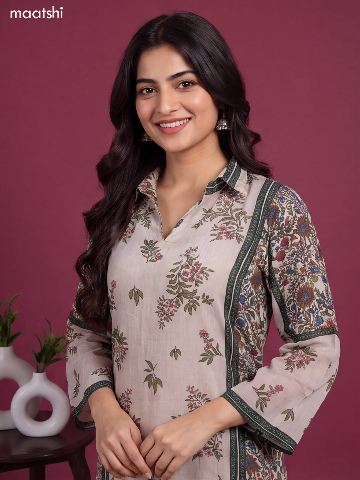 Beige and Green Crepe Silk Floral Printed & Embroidery Work Kurti Set