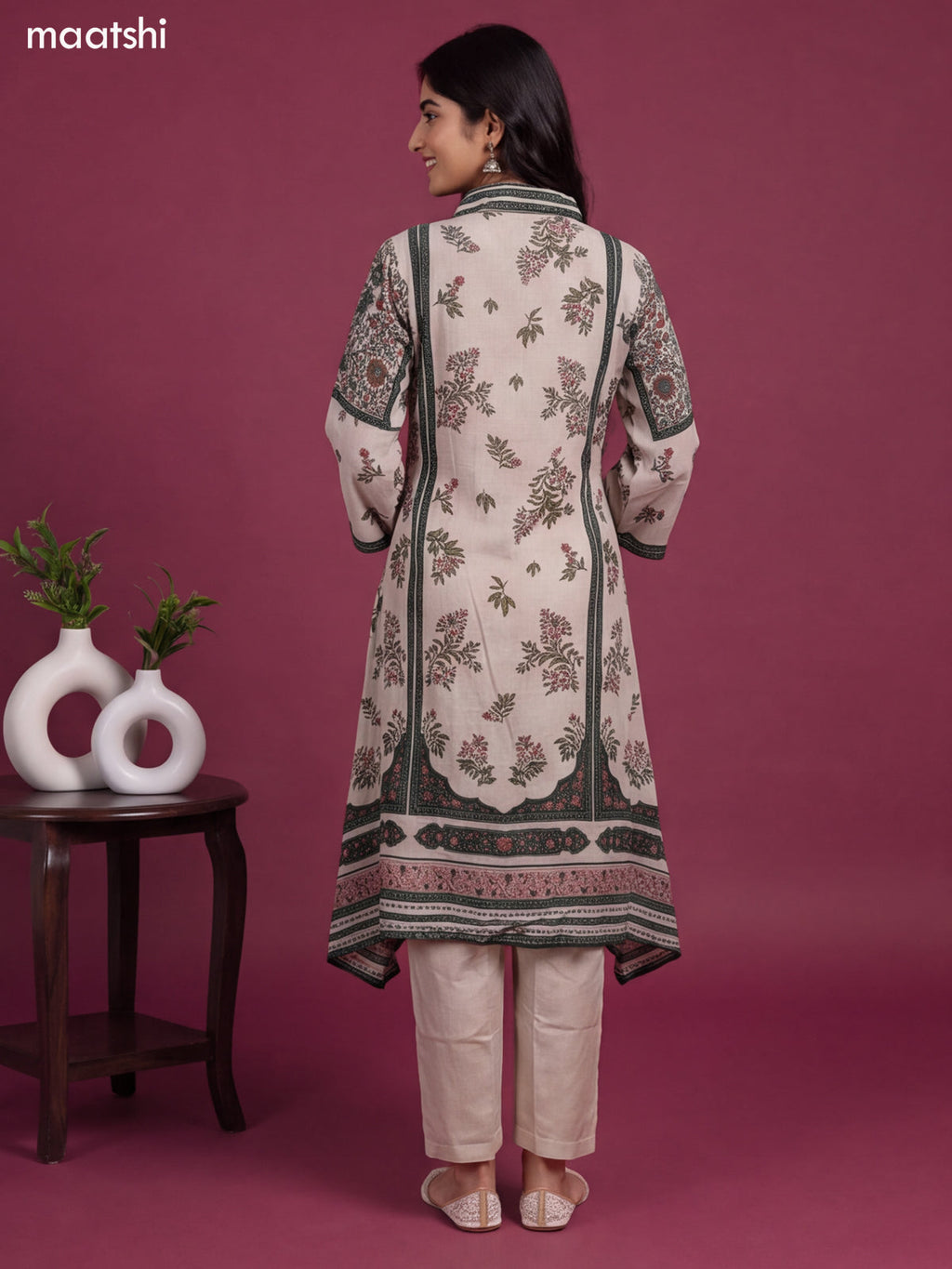 Beige and Green Crepe Silk Floral Printed & Embroidery Work Kurti Set