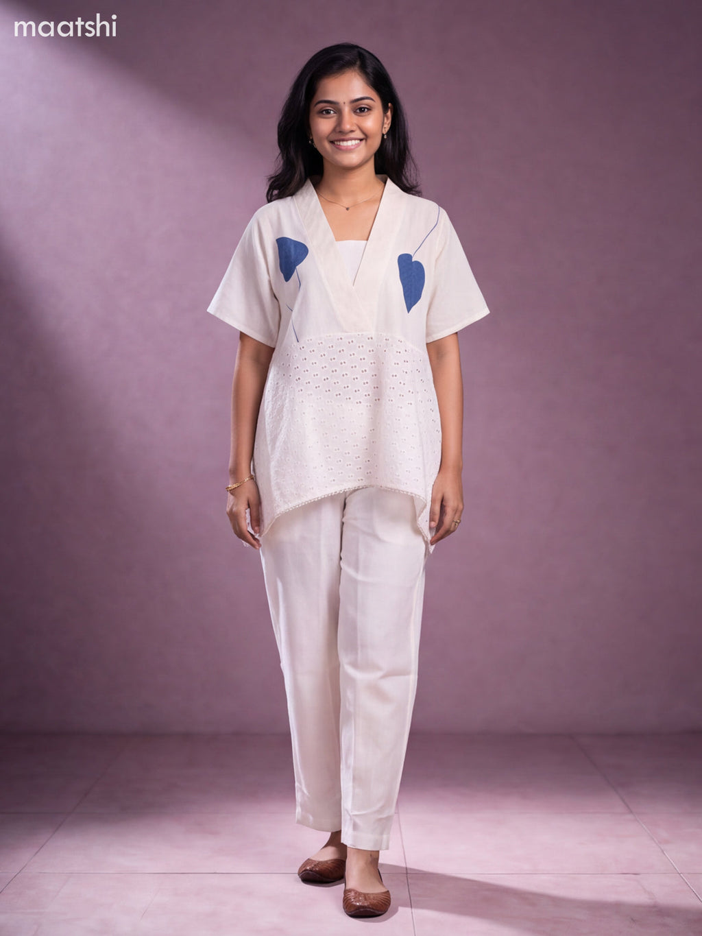 Off White and Navy Blue Cotton Applique Work Short Co-Ord Set