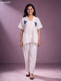 Off White and Navy Blue Cotton Applique Work Short Co-Ord Set