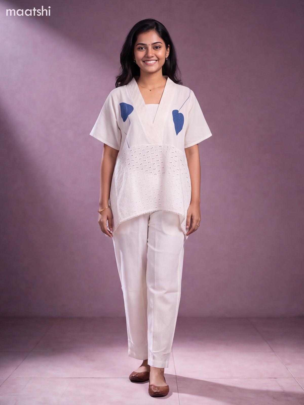 Off White and Navy Blue Cotton Applique Work Short Co-Ord Set