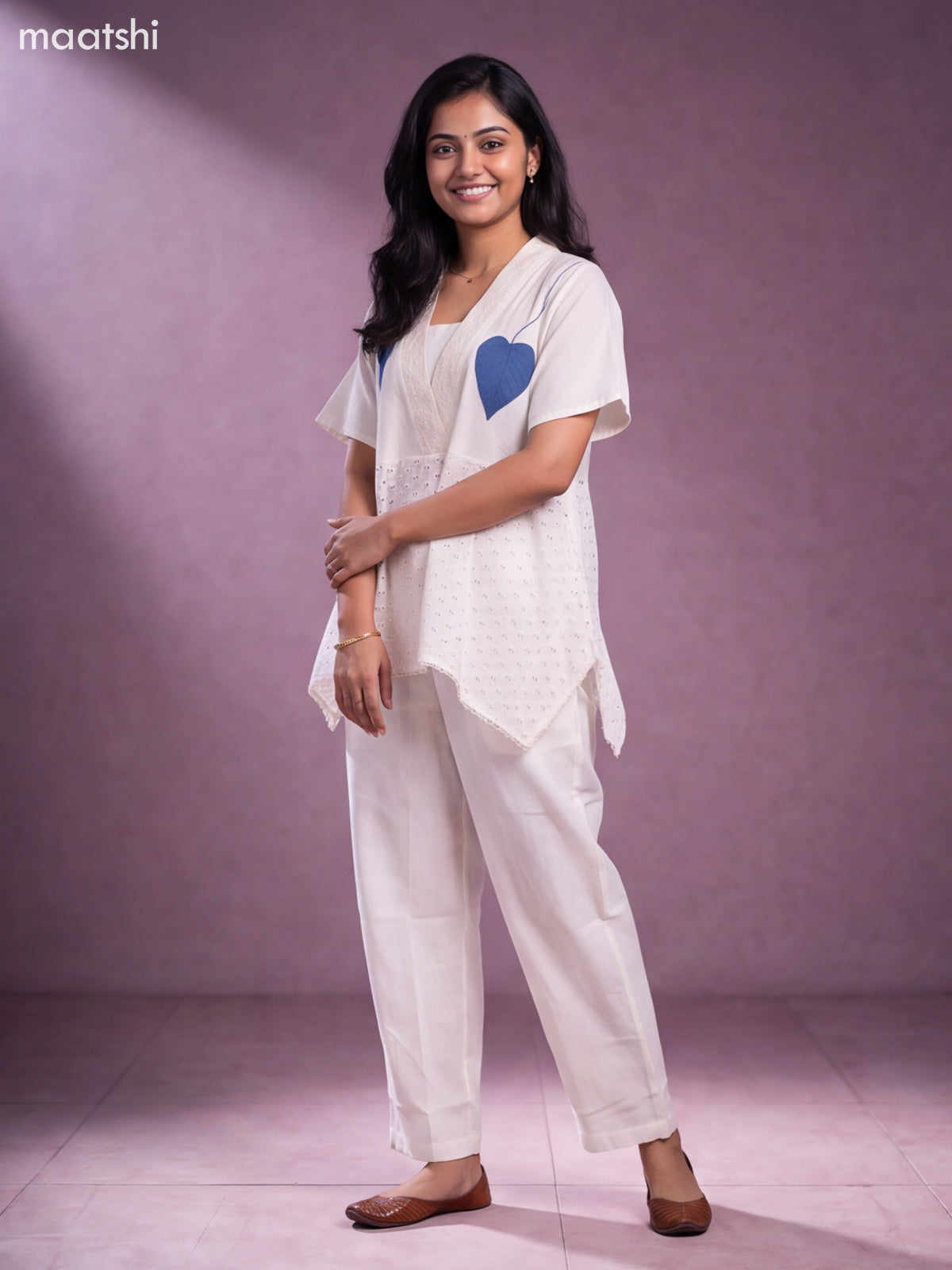 Off White and Navy Blue Cotton Applique Work Short Co-Ord Set