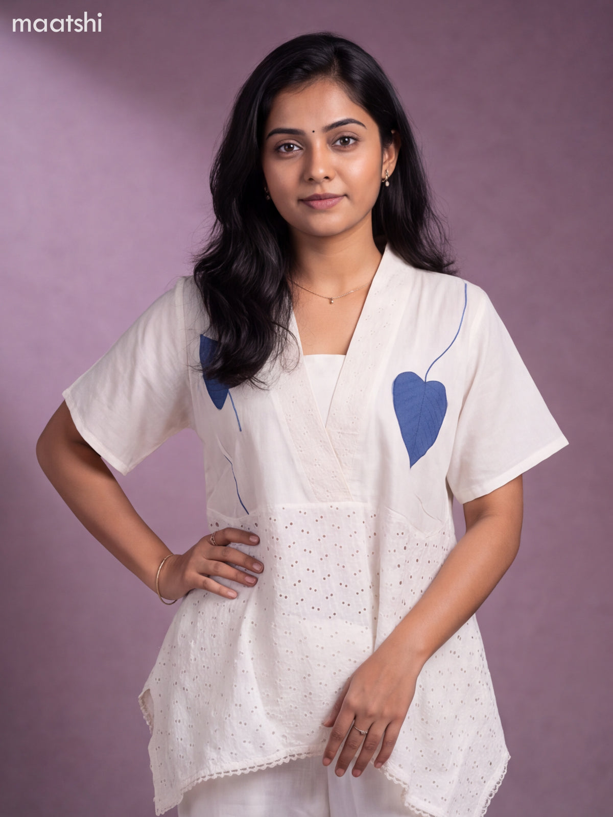 Off White and Navy Blue Cotton Applique Work Short Co-Ord Set