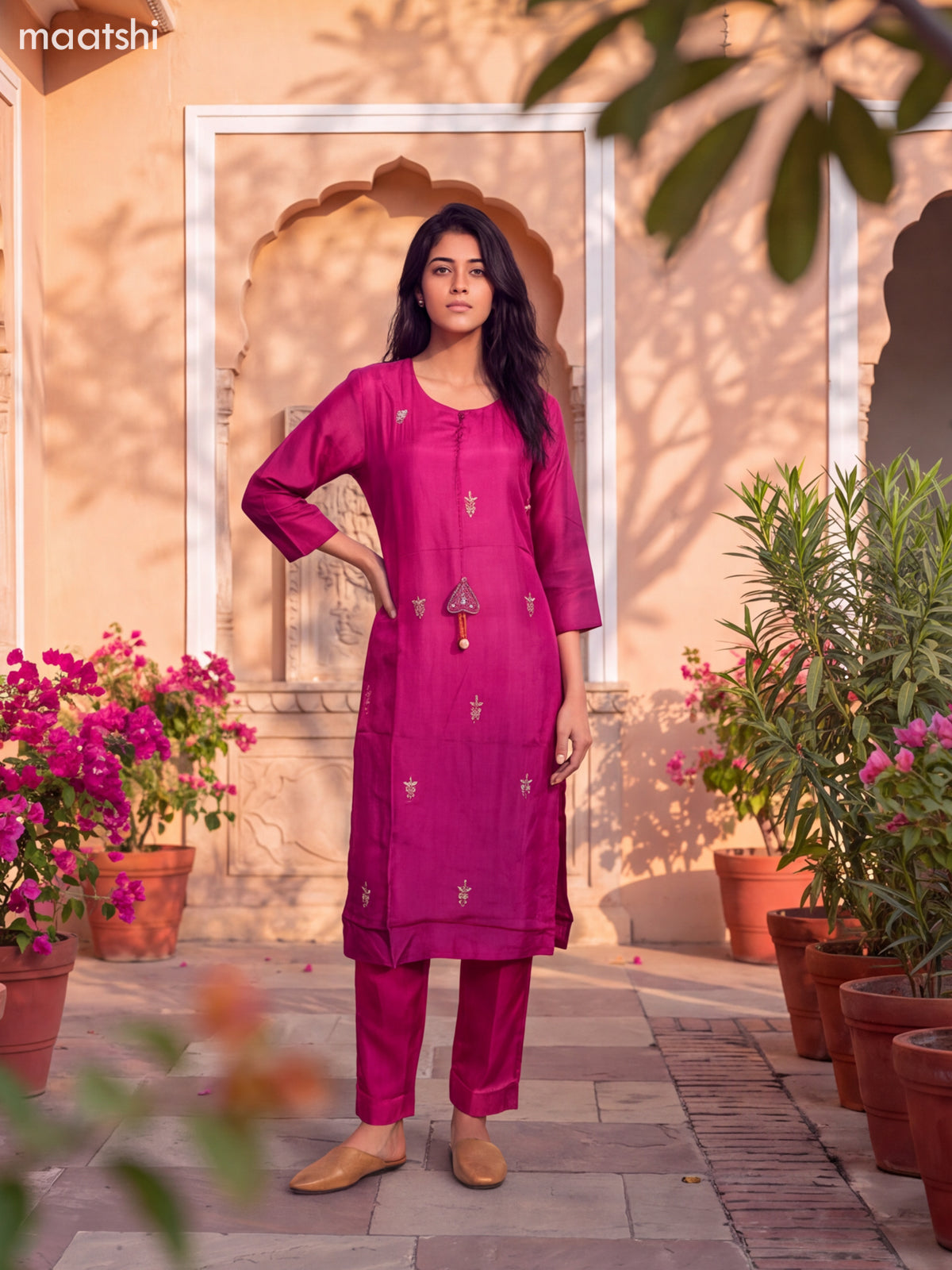 Pink and Magenta Pink Art Tussar Embroidery Work Straight Suit