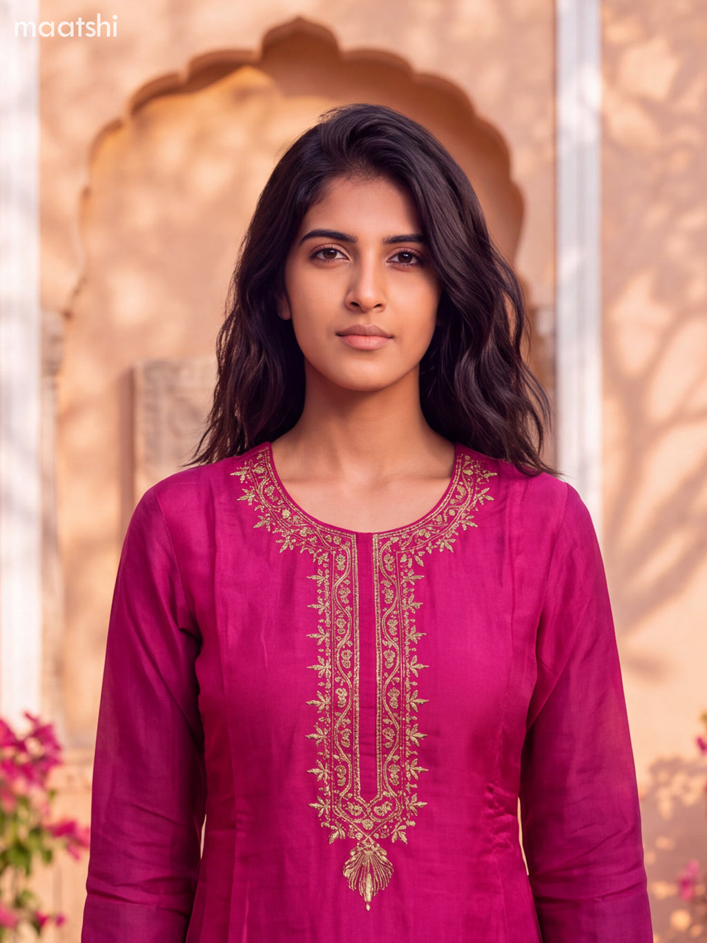 Pink and Magenta Pink Art Tussar Embroidery Work Straight Suit