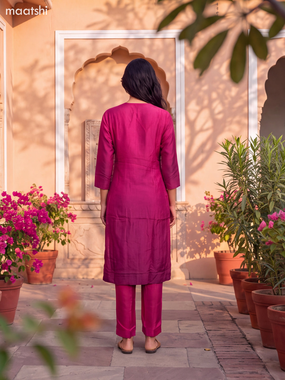 Pink and Magenta Pink Art Tussar Embroidery Work Straight Suit