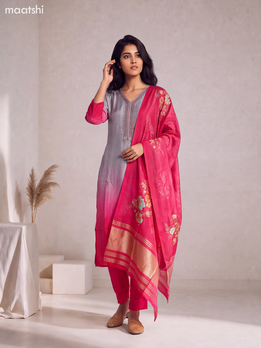 Grey and Rani Pink Art Silk Embroidery Work Straight Suit