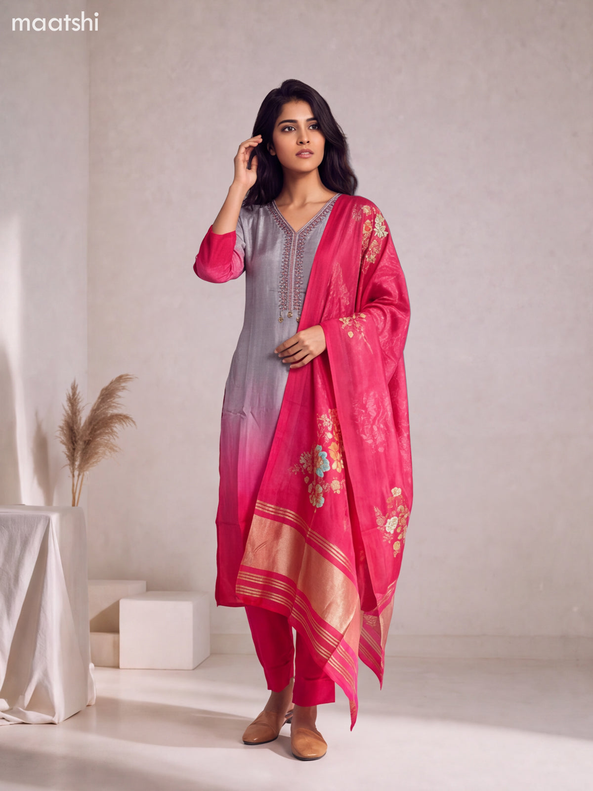 Grey and Rani Pink Art Silk Embroidery Work Straight Suit
