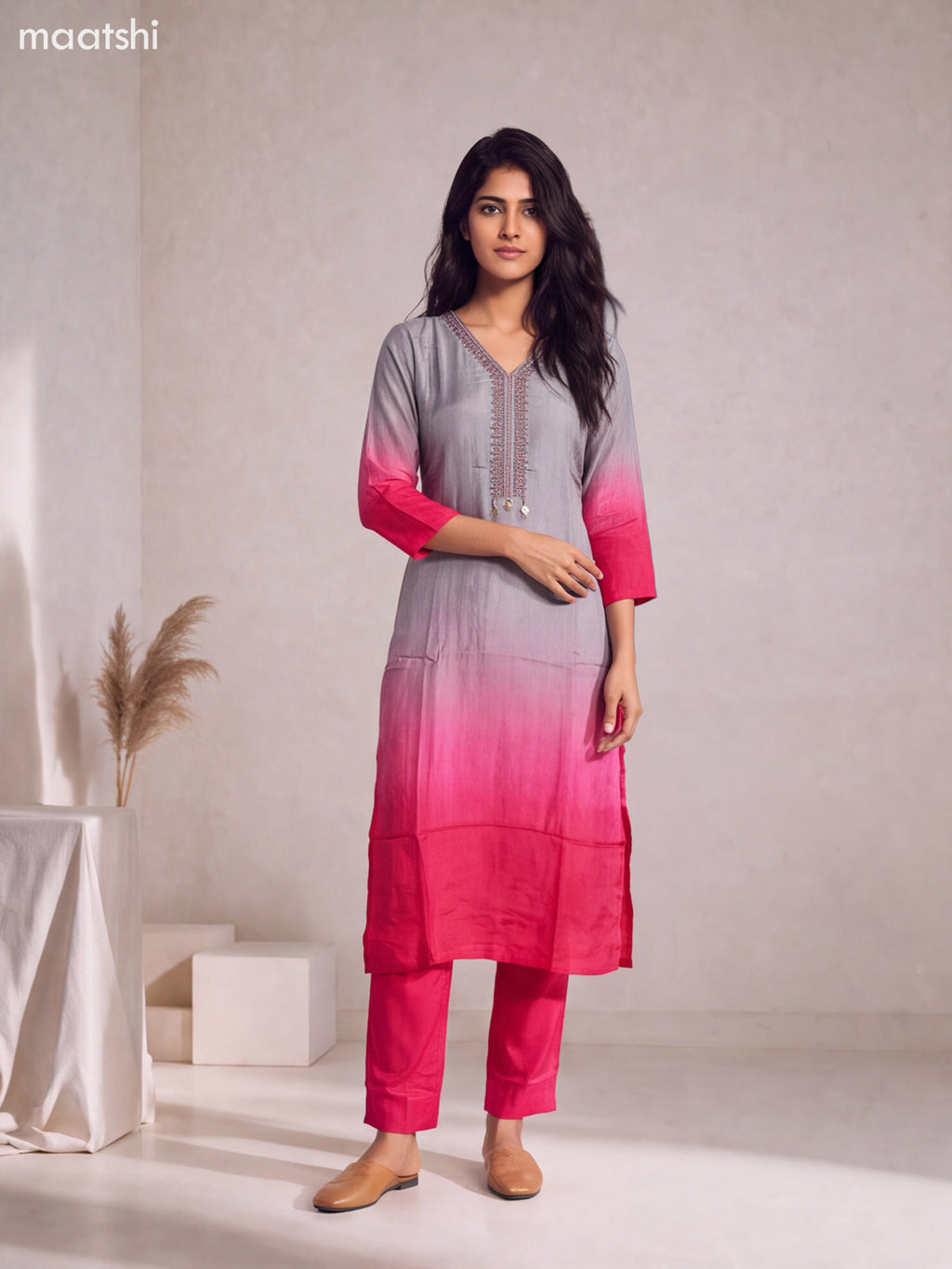 Grey and Rani Pink Art Silk Embroidery Work Straight Suit
