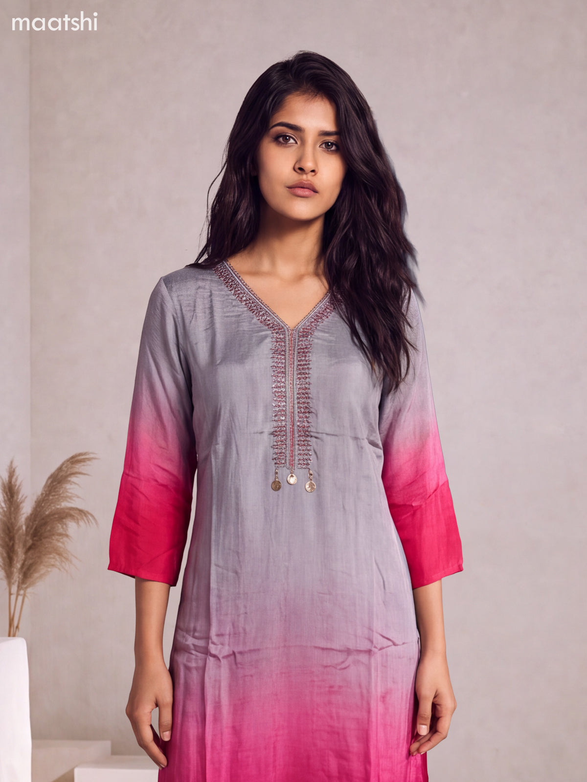Grey and Rani Pink Art Silk Embroidery Work Straight Suit