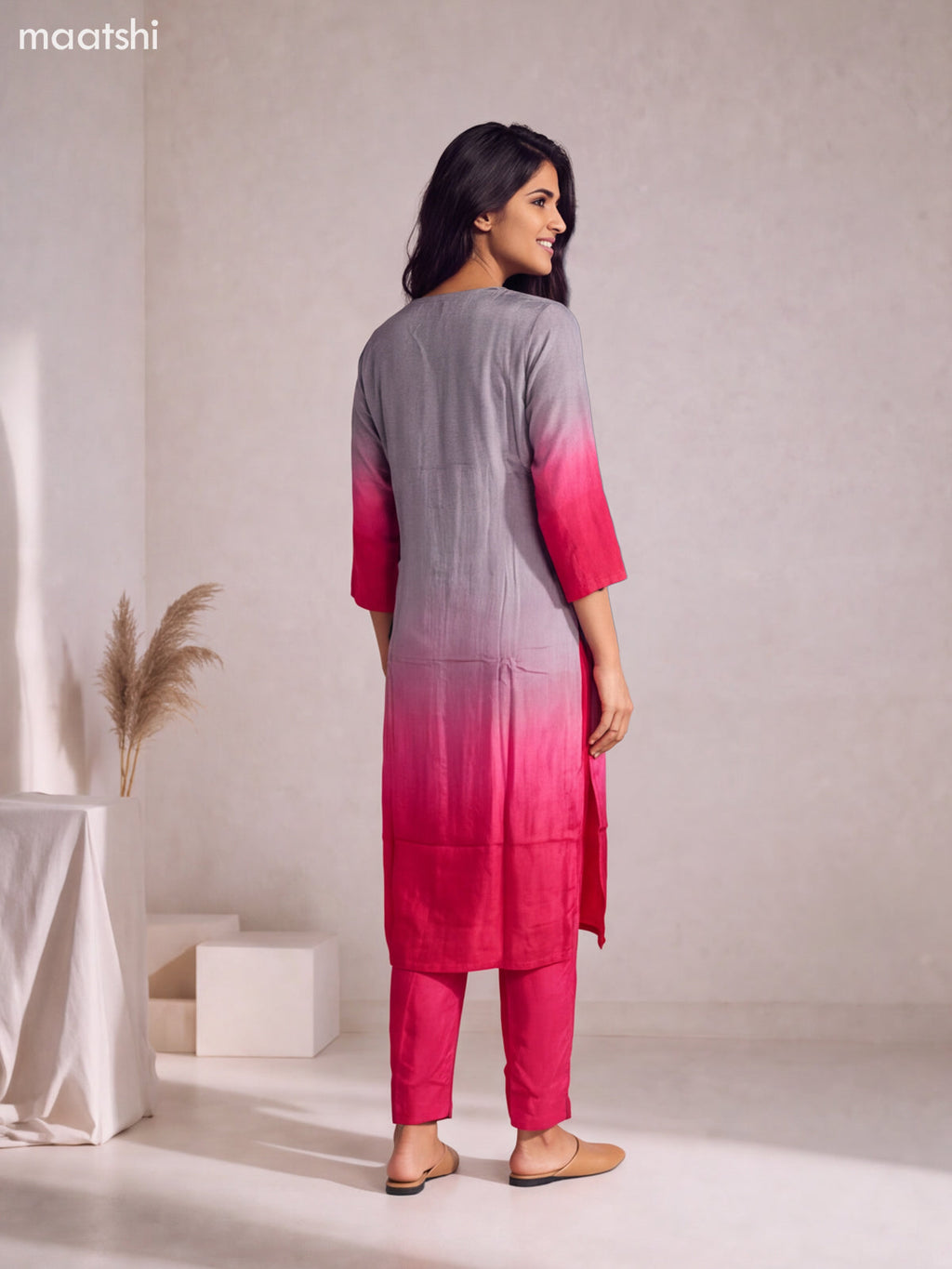 Grey and Rani Pink Art Silk Embroidery Work Straight Suit