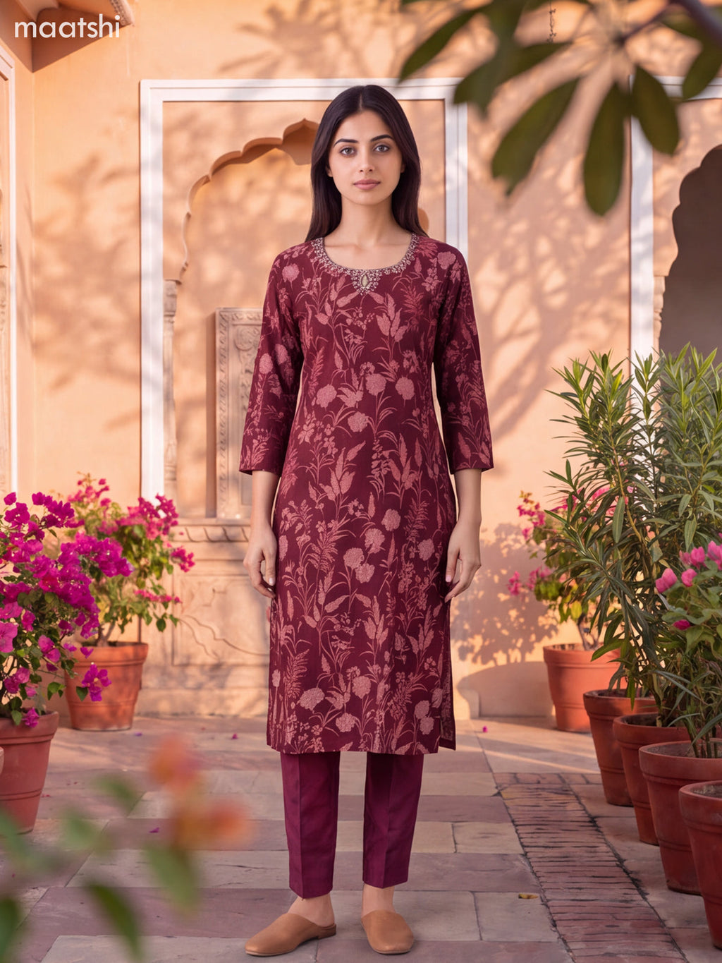 Maroon Modal Floral Printed & Embroidery Work Straight Suit