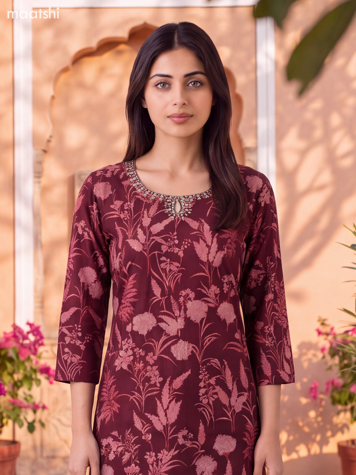 Maroon Modal Floral Printed & Embroidery Work Straight Suit
