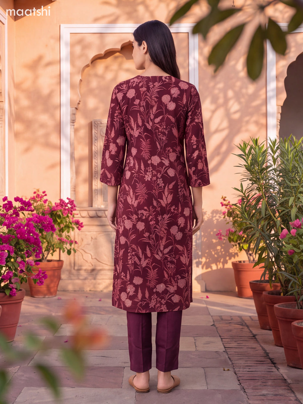 Maroon Modal Floral Printed & Embroidery Work Straight Suit