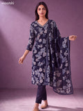 Navy Blue Modal Floral Printed & Embroidery Work Straight Suit