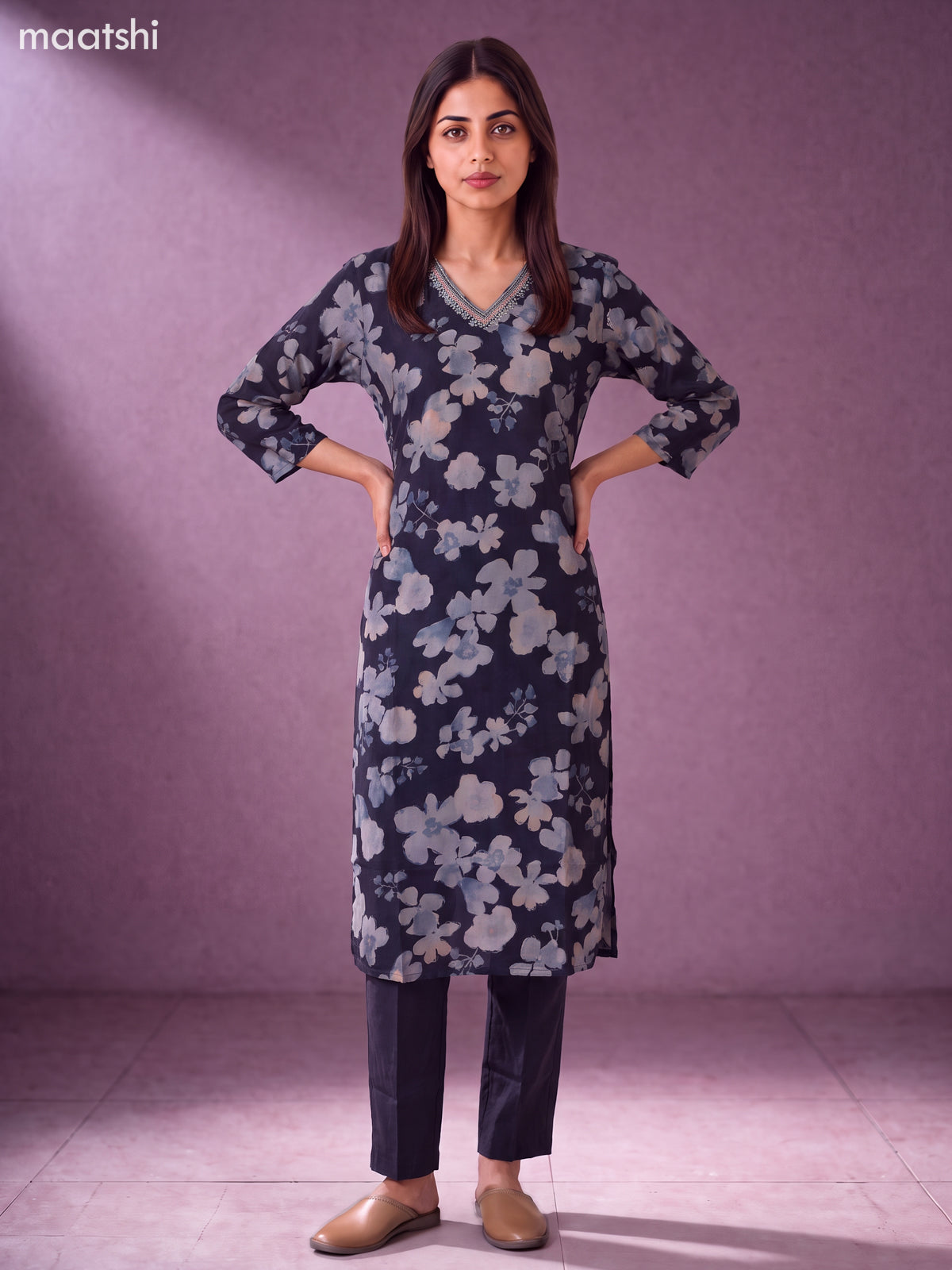 Navy Blue Modal Floral Printed & Embroidery Work Straight Suit