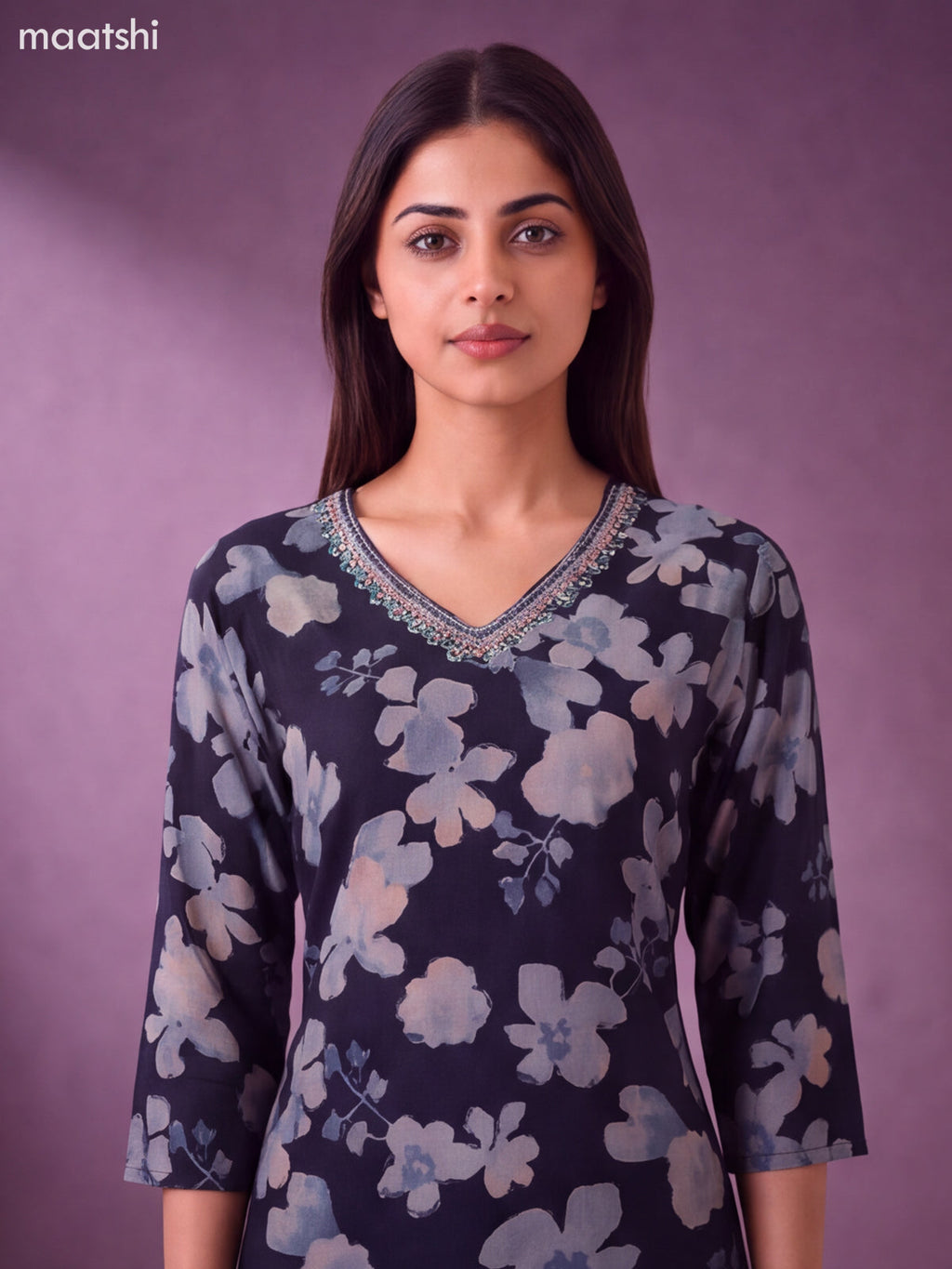 Navy Blue Modal Floral Printed & Embroidery Work Straight Suit