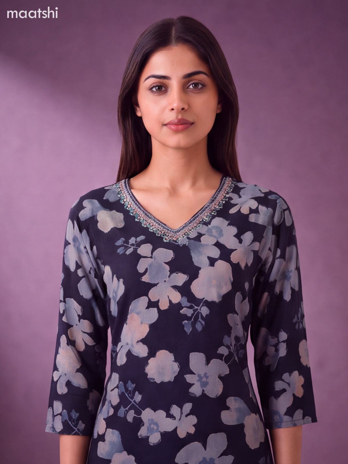 Navy Blue Modal Floral Printed & Embroidery Work Straight Suit