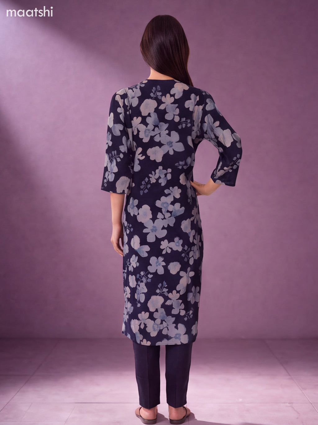 Navy Blue Modal Floral Printed & Embroidery Work Straight Suit