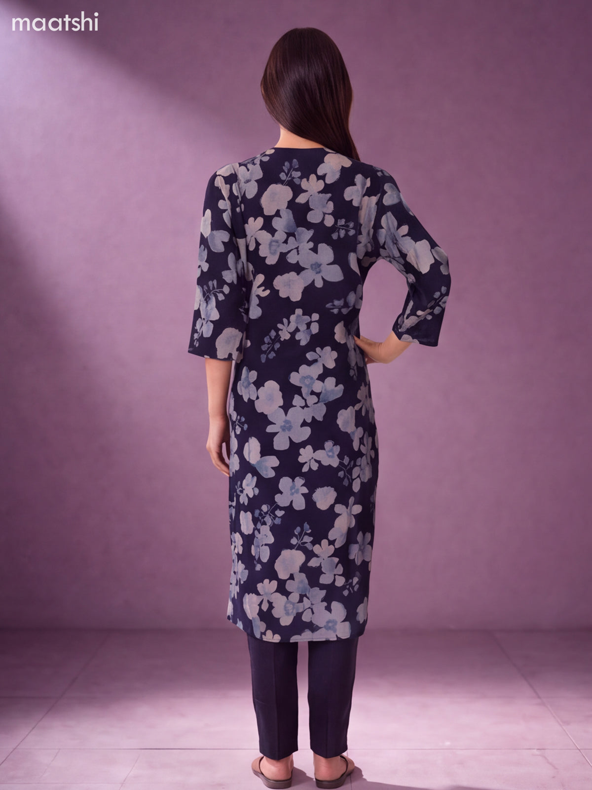 Navy Blue Modal Floral Printed & Embroidery Work Straight Suit
