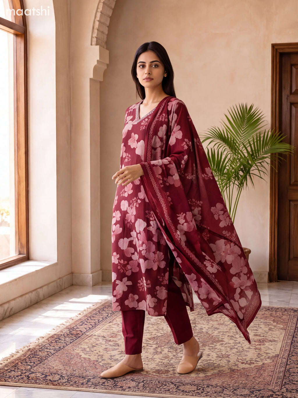 Maroon Modal Floral Printed & Embroidery Work Straight Suit