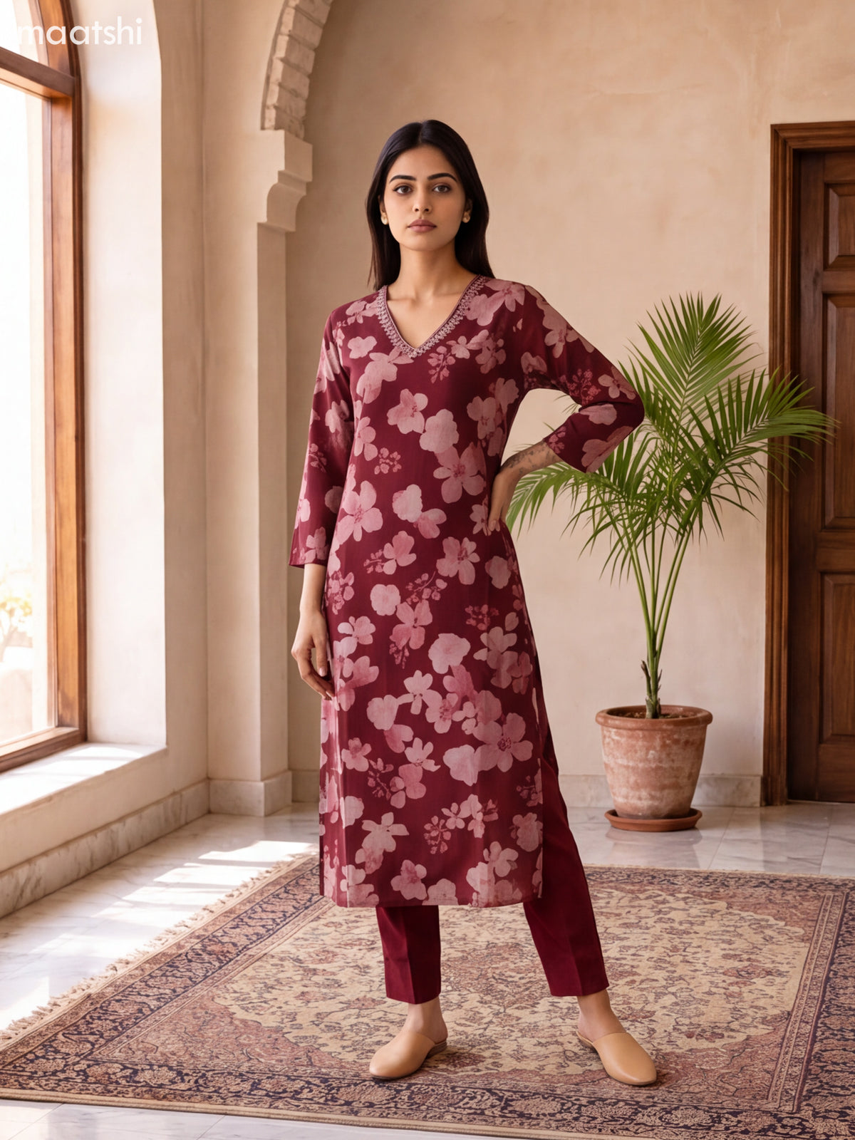 Maroon Modal Floral Printed & Embroidery Work Straight Suit