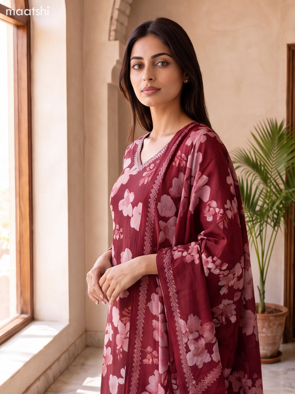 Maroon Modal Floral Printed & Embroidery Work Straight Suit