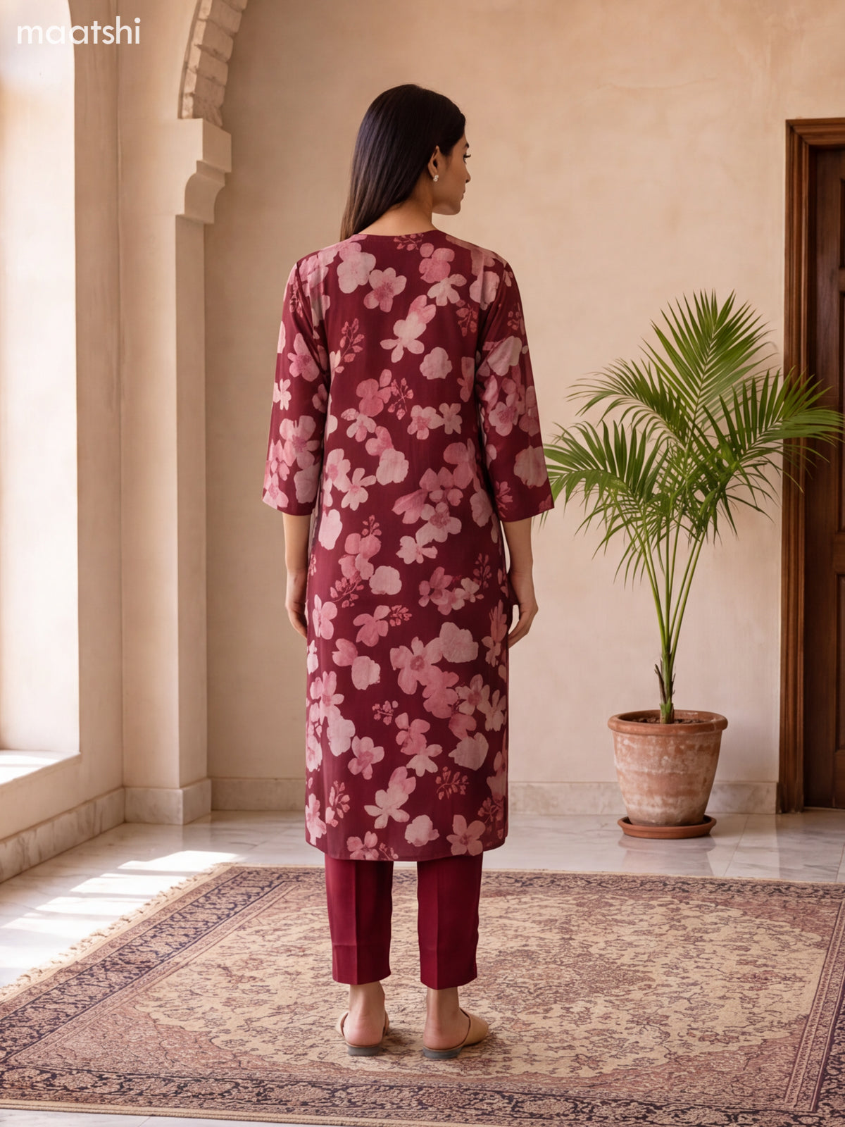 Maroon Modal Floral Printed & Embroidery Work Straight Suit