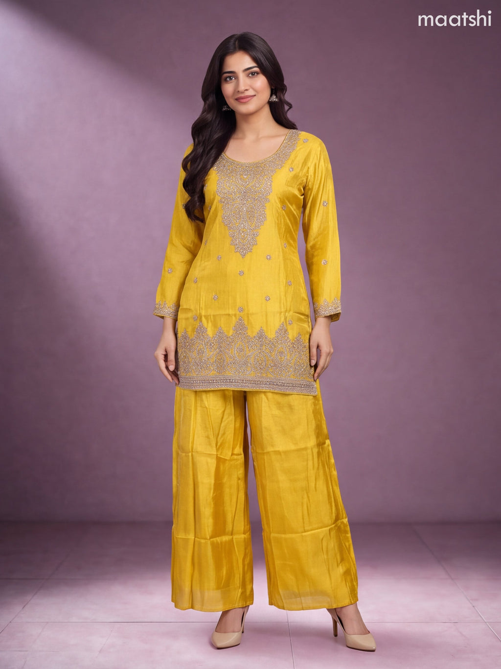 Mustard Yellow Tissue Heavy Embroidery Work Straight Suit