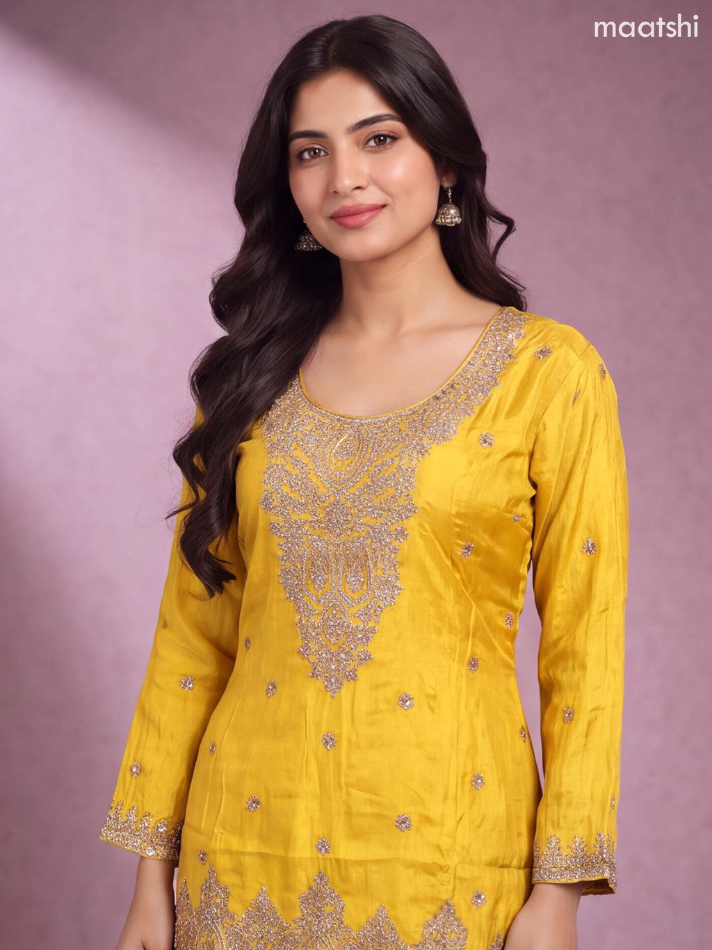 Mustard Yellow Tissue Heavy Embroidery Work Straight Suit