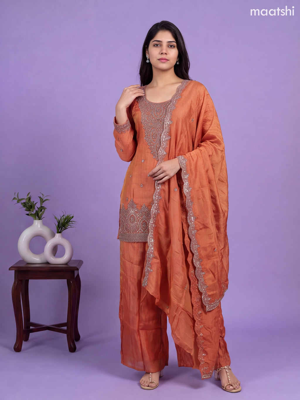 Rust Tissue Heavy Embroidery Work Straight Suit