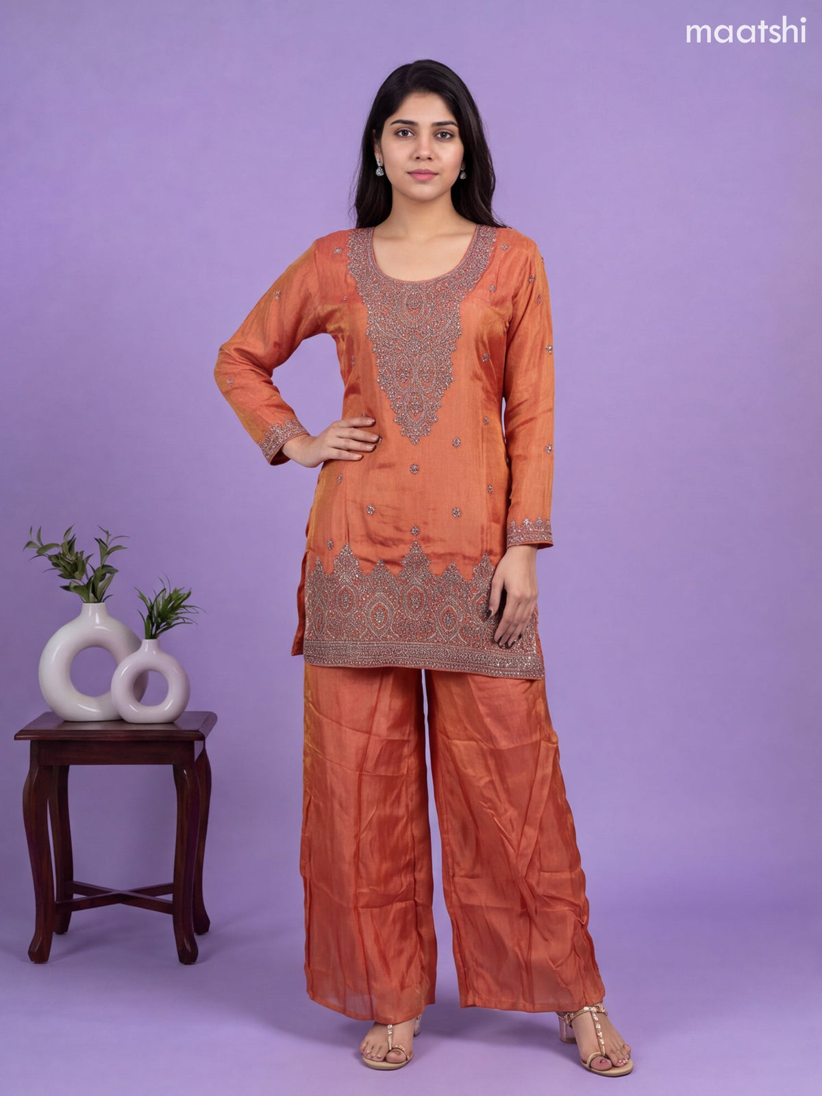 Rust Tissue Heavy Embroidery Work Straight Suit