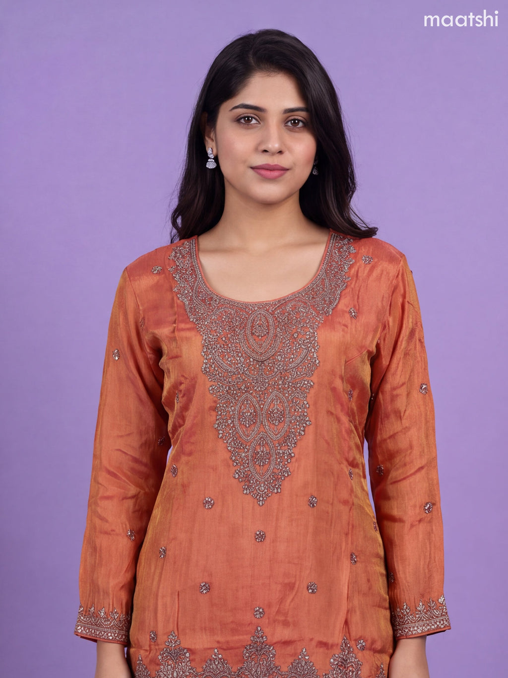 Rust Tissue Heavy Embroidery Work Straight Suit