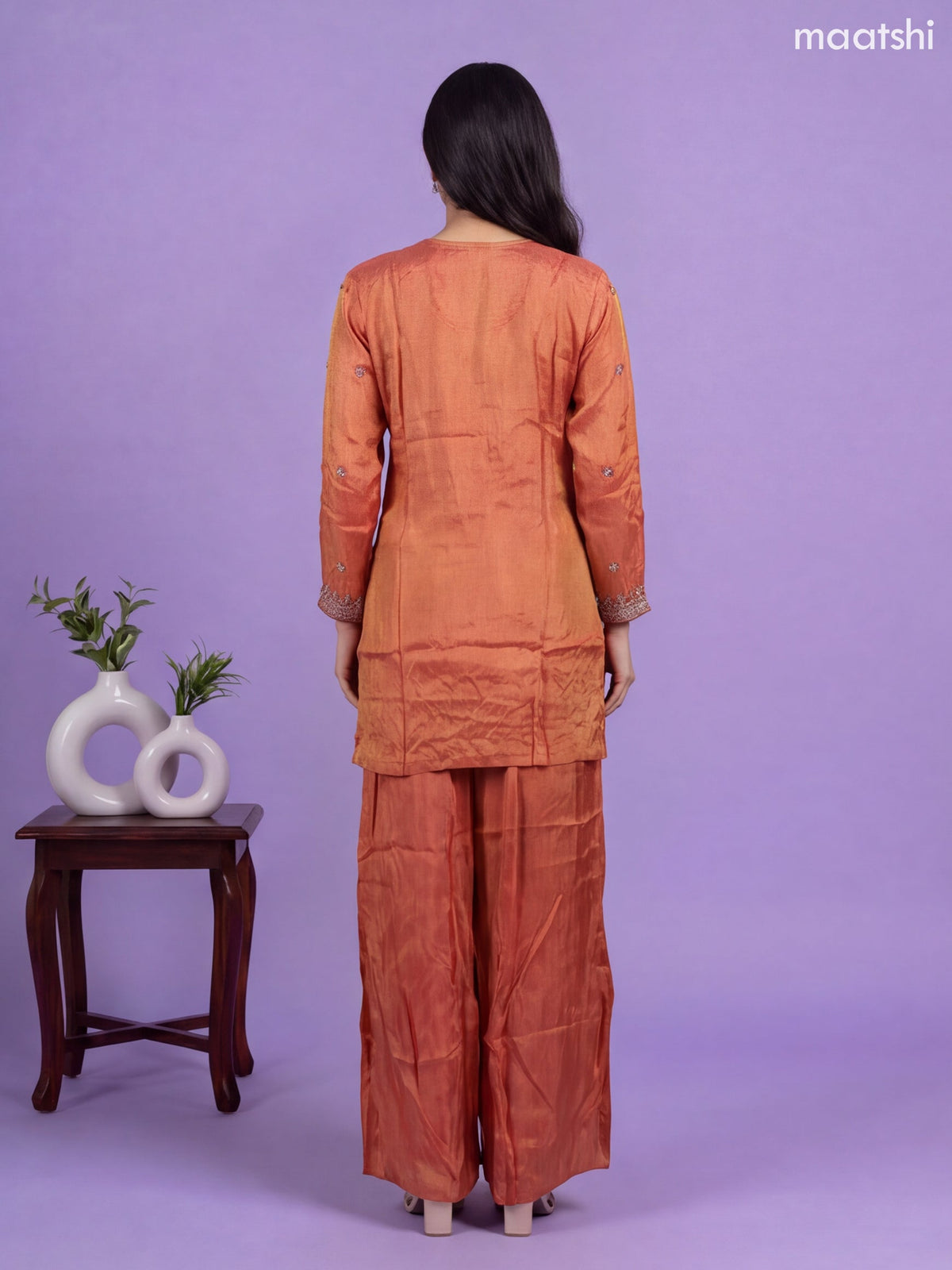 Rust Tissue Heavy Embroidery Work Straight Suit