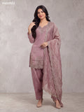 Mauve Pink Tissue Heavy Embroidery Work Short Straight Suit