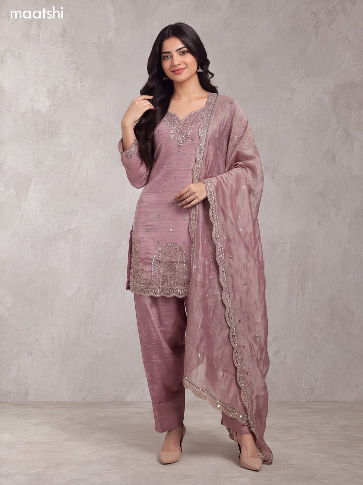 Mauve Pink Tissue Heavy Embroidery Work Short Straight Suit