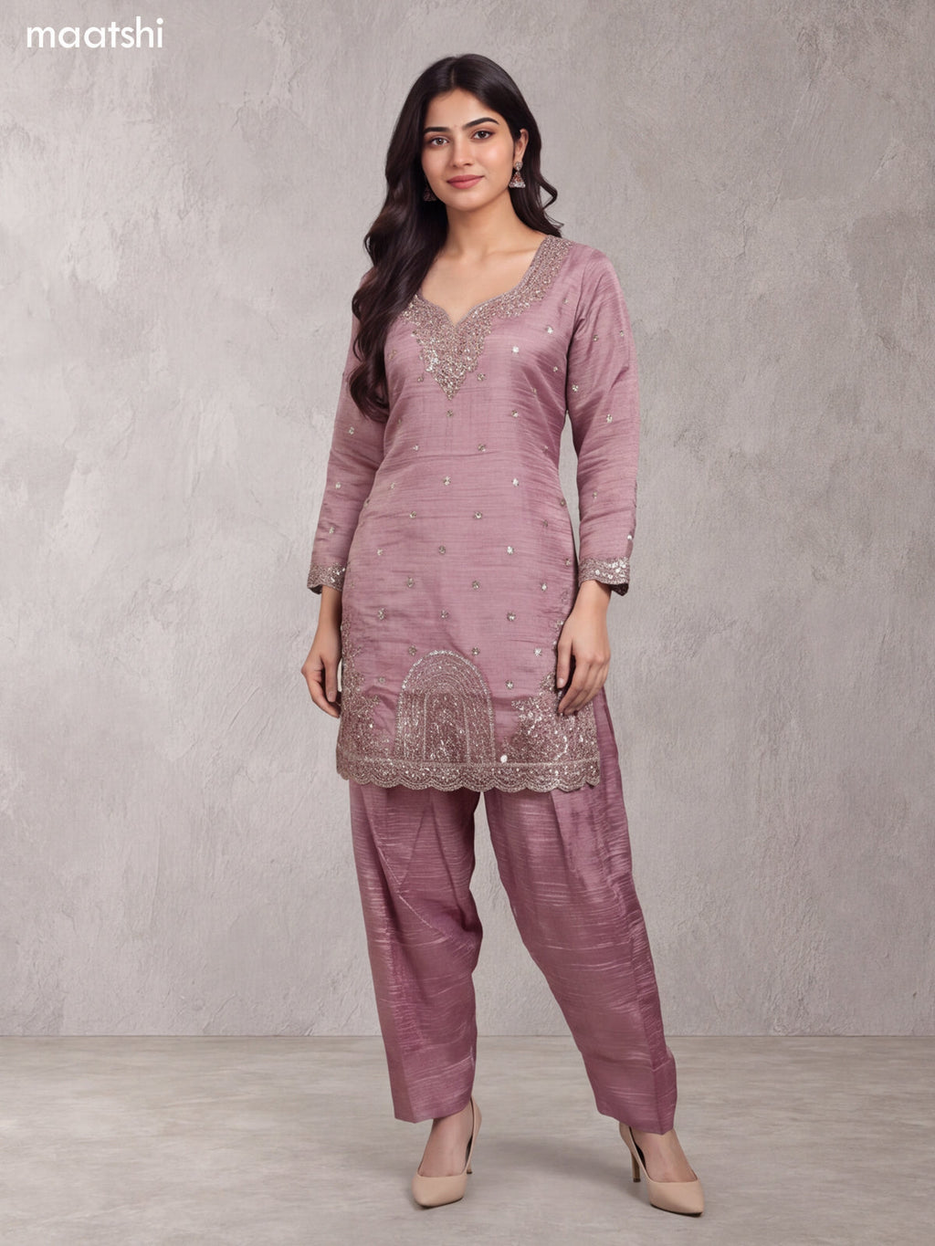 Mauve Pink Tissue Heavy Embroidery Work Short Straight Suit
