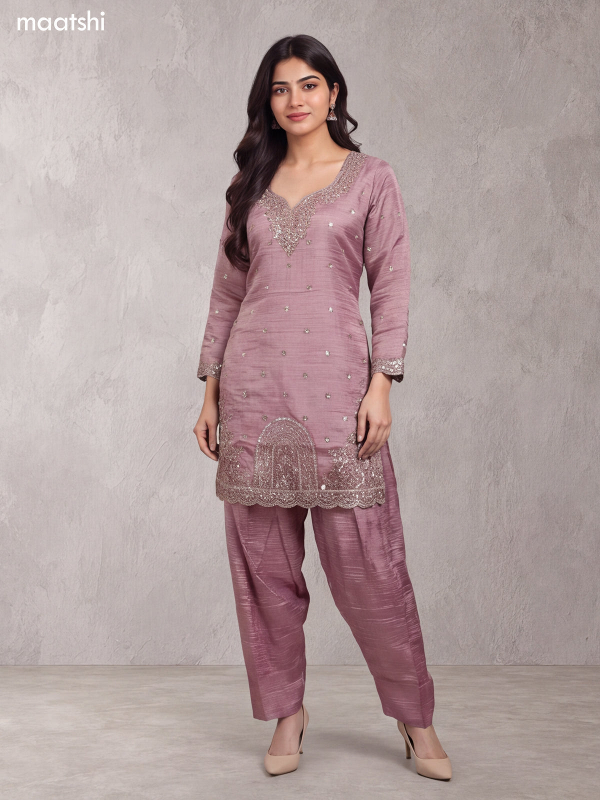 Mauve Pink Tissue Heavy Embroidery Work Short Straight Suit